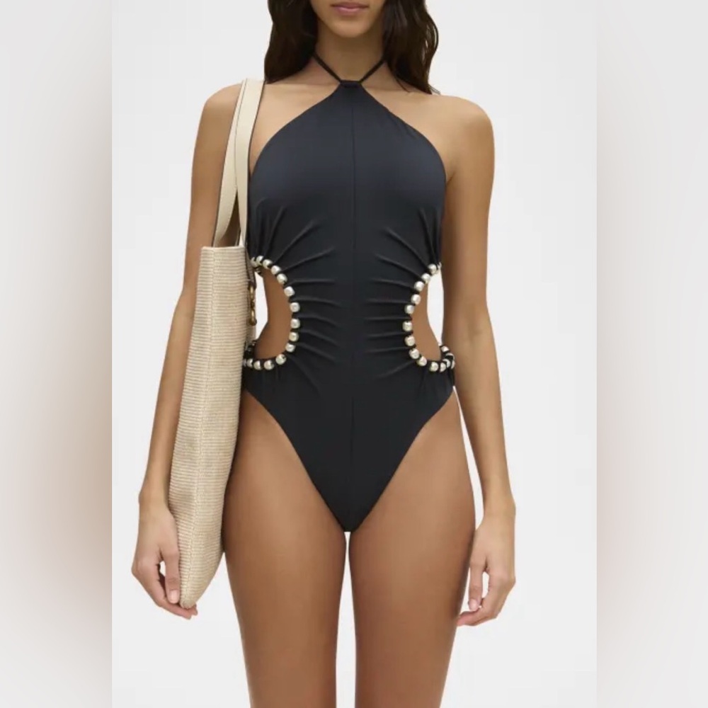 CULT GAIA Sibel One Piece Swimsuit Black Halter with Pearl Details Small
